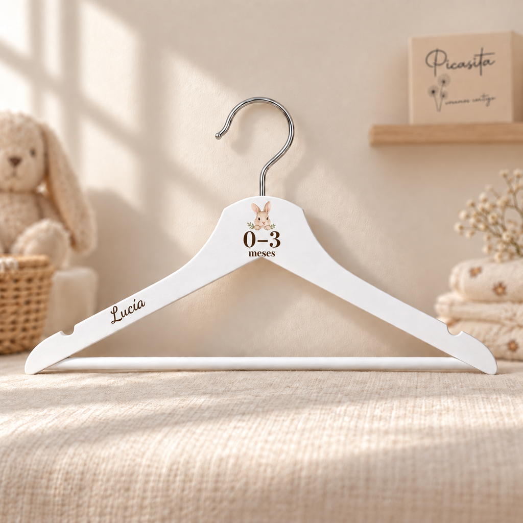 Separador de bebé en percha blanca personalizada, Animalitos acuarela, 0–3 meses y nombre Lucía. Composición actualizada con edad y nombre ampliados. Simulación del acabado.