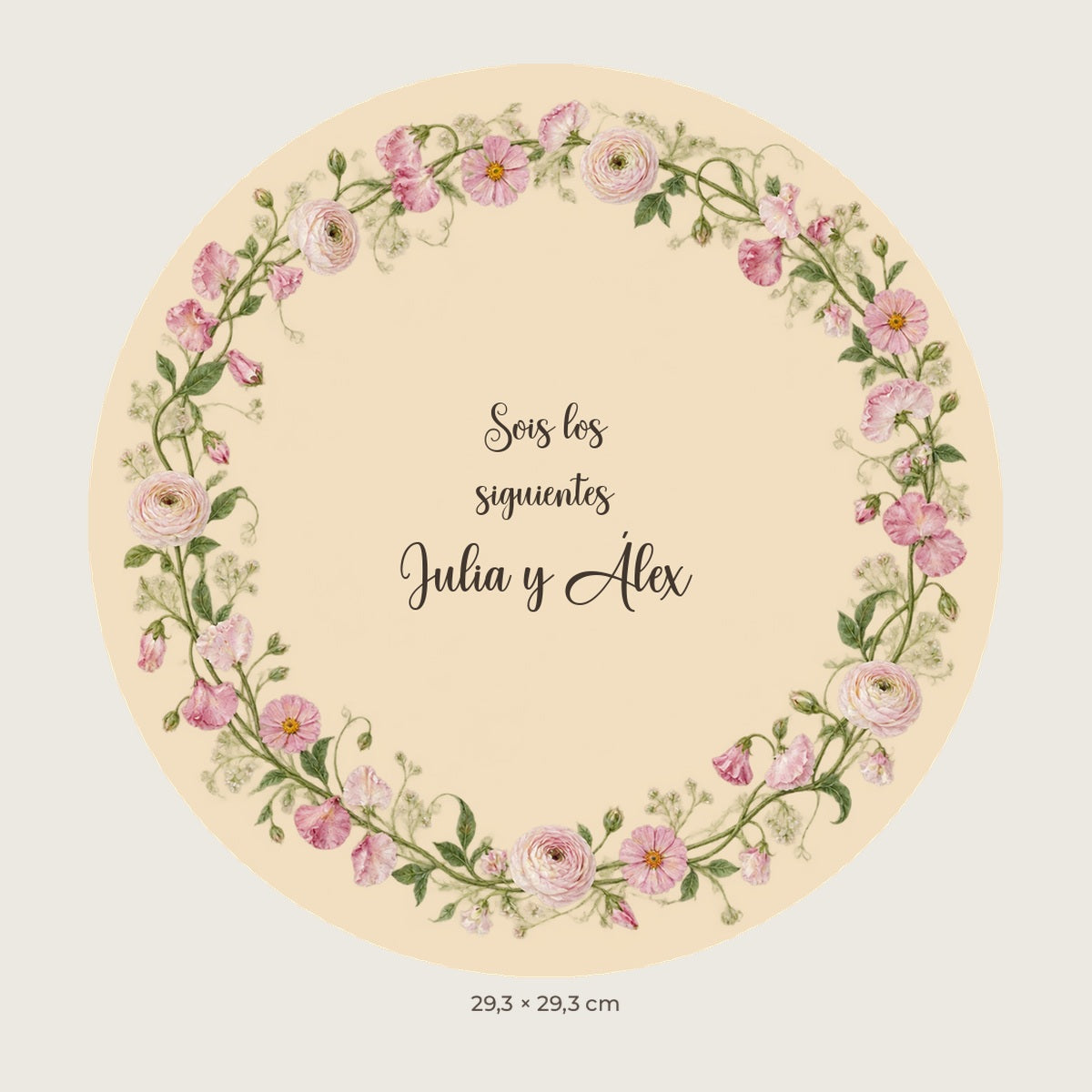 Vista previa digital. Cartel circular con flores rosa suave y mensaje Sois los siguientes para Julia y Álex, nombres de ejemplo.