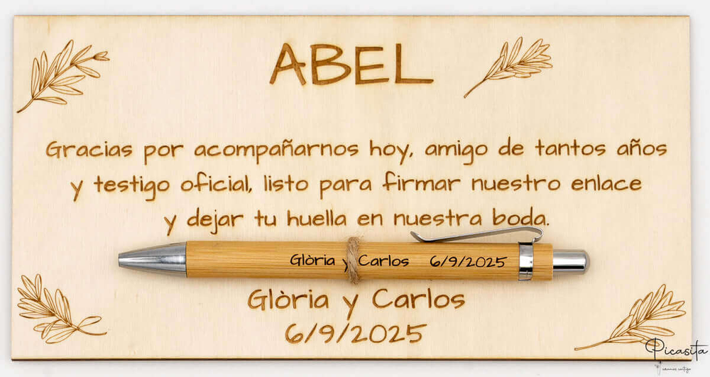 Placa de agradecimiento grabada con láser para el testigo Abel, con bolígrafo de bambú
