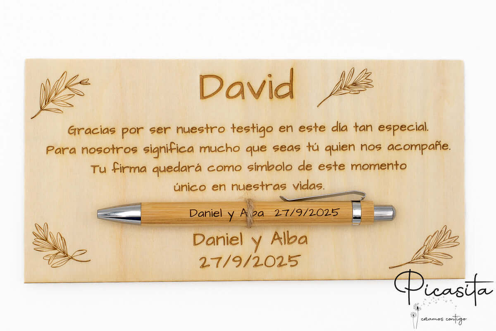 Placa de agradecimiento grabada con láser para el testigo David, con bolígrafo de bambú