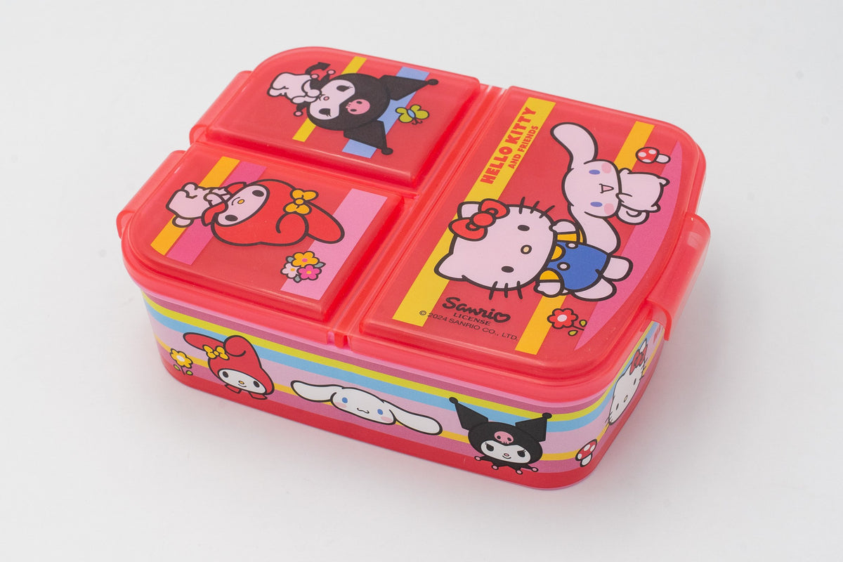 Sanrioren janari-kutxa gorri zeharrargia, hiru konpartimentu eta Hello Kitty eta My Melody irudiekin