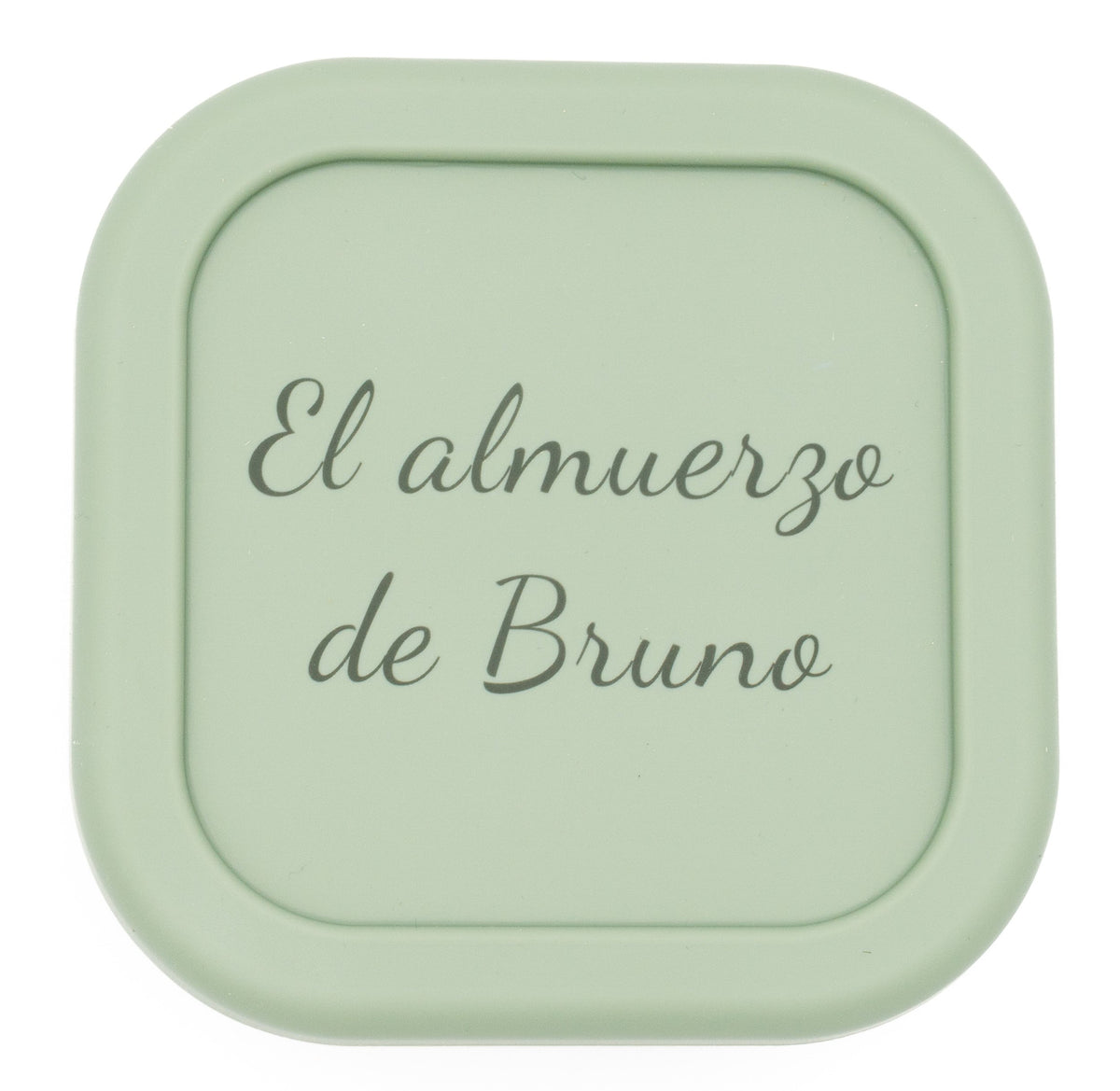 Tupper verde personalizado con la frase El almuerzo de Bruno