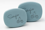Tapas azul gris personalizadas con nombres y bicicletas