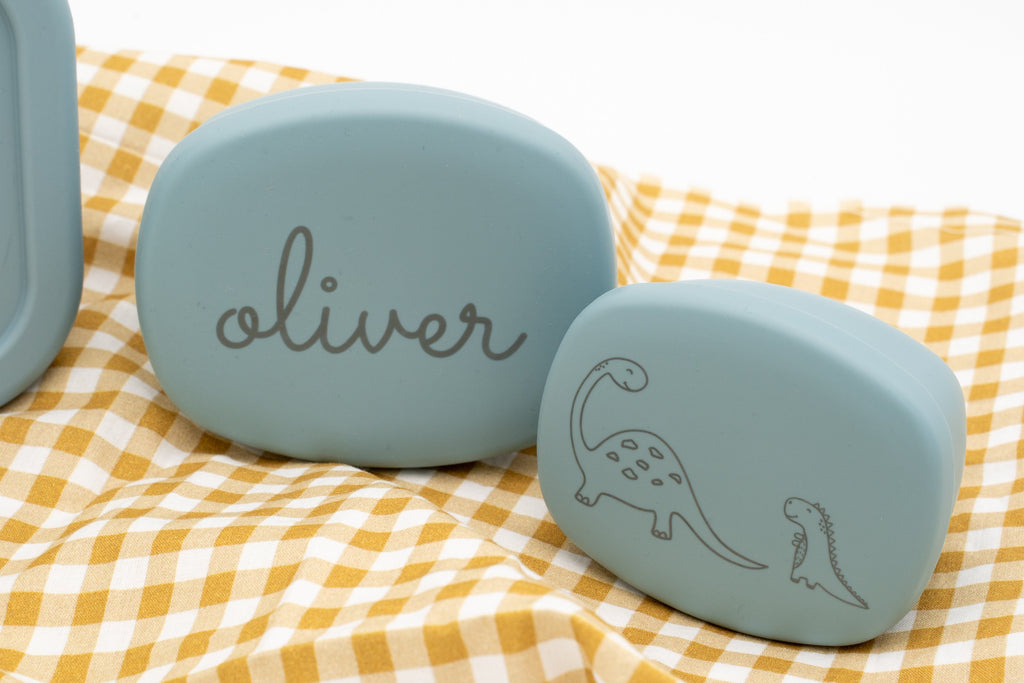 Tapas azul gris personalizadas con nombre y dinosaurio