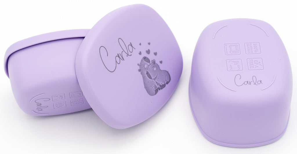 Pack morado de dos tuppers personalizados con nombre y dibujo