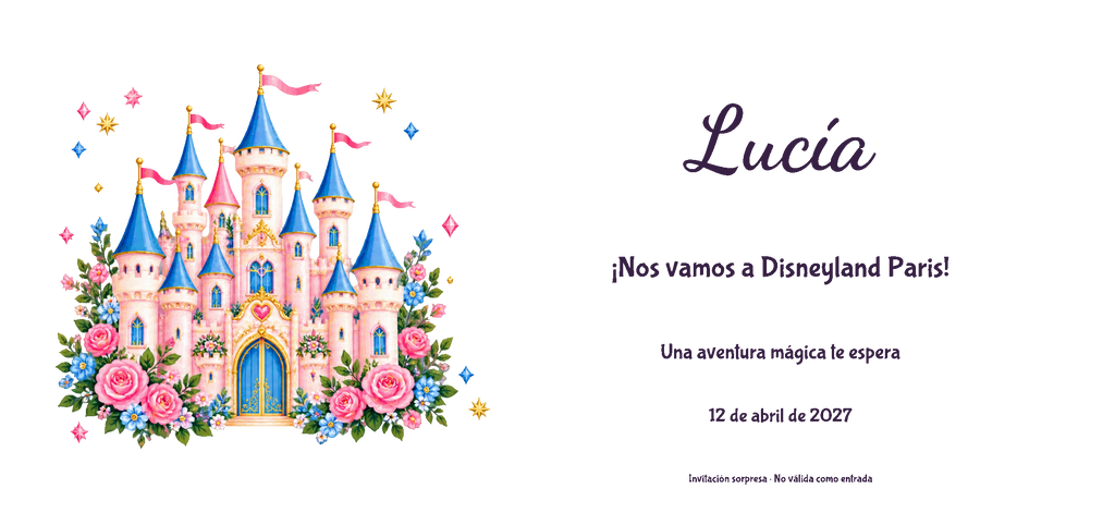 Disneyland Parisera joateko gonbidapenaren benetako diseinuaren ikuspegi digital laua: Akrilikoa familia, Gaztelua gaia, izenarekin eta aukerako datarekin.