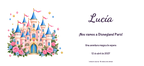 Disneyland Parisera joateko gonbidapenaren benetako diseinuaren ikuspegi digital laua: Akrilikoa familia, Gaztelua gaia, izenarekin eta aukerako datarekin.