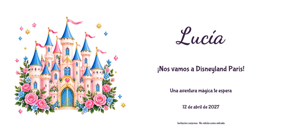 Disneyland Parisera joateko gonbidapenaren benetako diseinuaren ikuspegi digital laua: Akrilikoa familia, Gaztelua gaia, izenarekin eta aukerako datarekin.