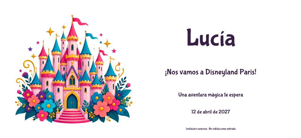 Disneyland Parisera joateko gonbidapenaren benetako diseinuaren ikuspegi digital laua: Kolorea familia, Gaztelua gaia, izenarekin eta aukerako datarekin.