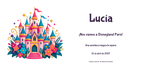 Disneyland Parisera joateko gonbidapenaren benetako diseinuaren ikuspegi digital laua: Kolorea familia, Gaztelua gaia, izenarekin eta aukerako datarekin.