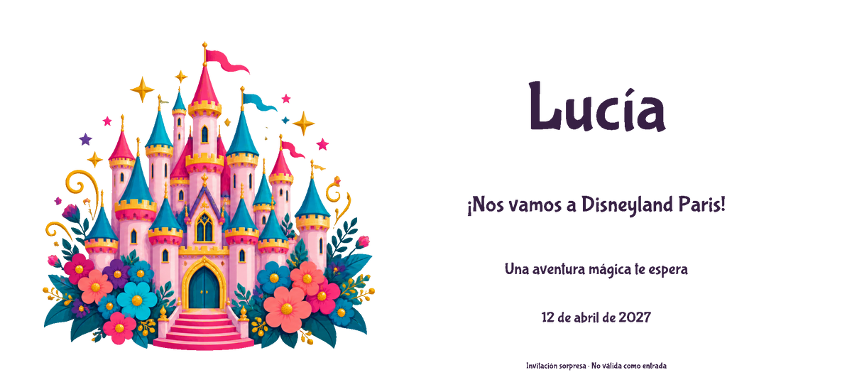 Disneyland Parisera joateko gonbidapenaren benetako diseinuaren ikuspegi digital laua: Kolorea familia, Gaztelua gaia, izenarekin eta aukerako datarekin.
