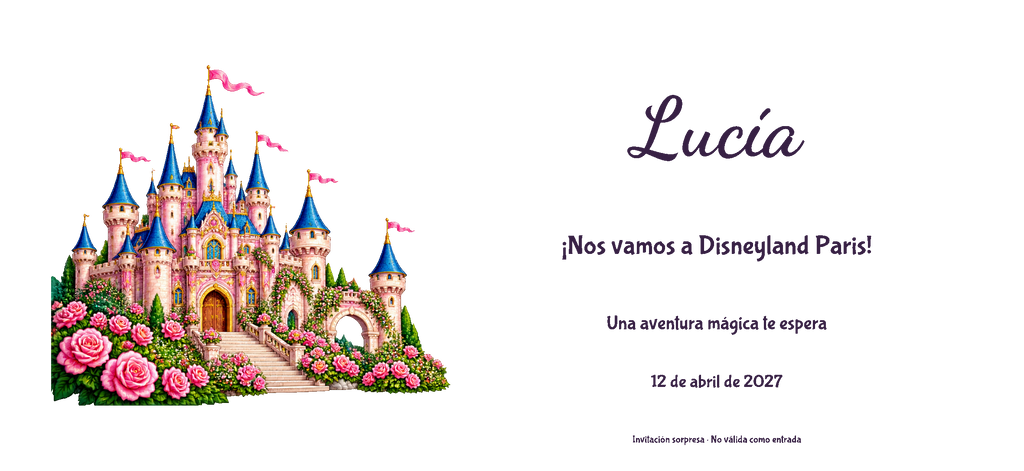 Disneyland Parisera joateko gonbidapenaren benetako diseinuaren ikuspegi digital laua: Ilustratua familia, Gaztelua gaia, izenarekin eta aukerako datarekin.