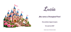 Disneyland Parisera joateko gonbidapenaren benetako diseinuaren ikuspegi digital laua: Ilustratua familia, Gaztelua gaia, izenarekin eta aukerako datarekin.
