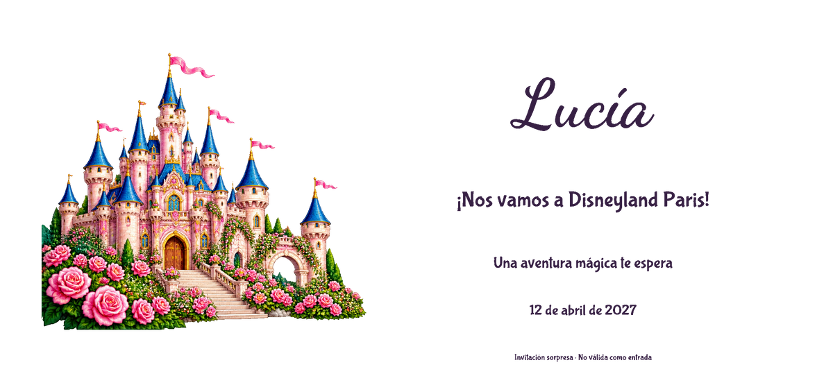 Disneyland Parisera joateko gonbidapenaren benetako diseinuaren ikuspegi digital laua: Ilustratua familia, Gaztelua gaia, izenarekin eta aukerako datarekin.
