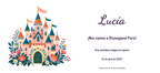 Disneyland Parisera joateko gonbidapenaren benetako diseinuaren ikuspegi digital laua: Egurra familia, Gaztelua gaia, izenarekin eta aukerako datarekin.