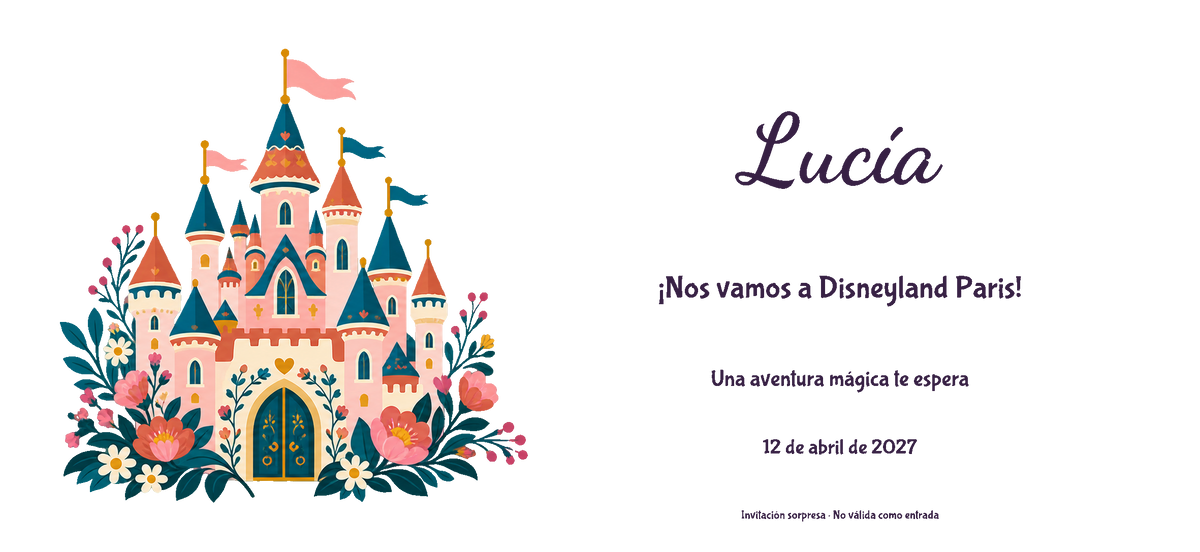 Disneyland Parisera joateko gonbidapenaren benetako diseinuaren ikuspegi digital laua: Egurra familia, Gaztelua gaia, izenarekin eta aukerako datarekin.