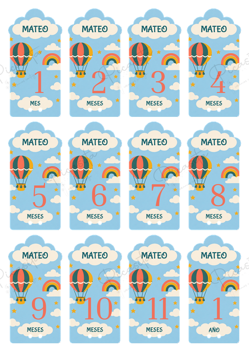 Diseño Viaje entre nubes del set de cumplemeses personalizados