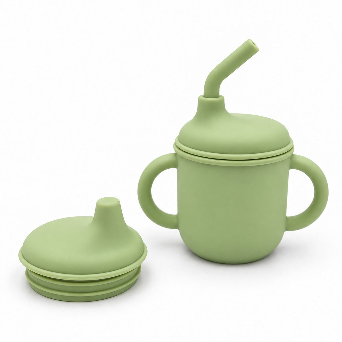 Vaso infantil de silicona 3 en 1 con asas, palliña e tapa de bico en cor verde escuro